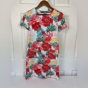 Persifor Carter Coral Reef Print White Yellow Green Short Sleeve‎ Dress Pockets
